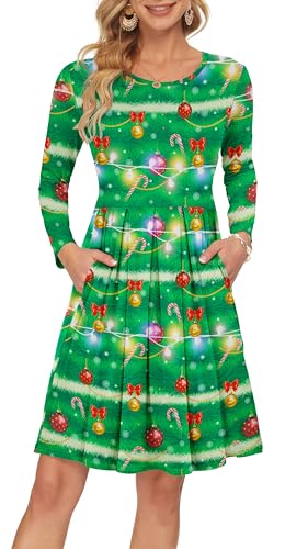 AUSELILY Damen Langarm Plissee Loose Swing Freizeitkleid mit knielangen Taschen Weihnachtsbaum Lichter M von AUSELILY