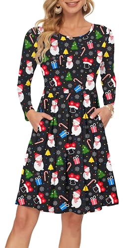 AUSELILY Damen Langarm Plissee Loose Swing Freizeitkleid mit knielangen Taschen Weihnachtselemente XXL von AUSELILY