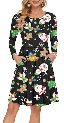 AUSELILY Damen Langarm Plissee Loose Swing Freizeitkleid mit knielangen Taschen Weihnachtsmann und Engel S von AUSELILY
