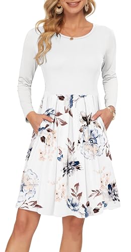 AUSELILY Damen Langarm Plissee Loose Swing Freizeitkleid mit knielangen Taschen Weiße Blumen Weiße L von AUSELILY