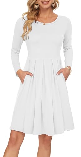 AUSELILY Damen Langarm Plissee Loose Swing Freizeitkleid mit knielangen Taschen Weiß XXL AUSELILY Damen Langarm Plissee Loose Swing Freizeitkleid mit knielangen Taschen Weiß XXL von AUSELILY