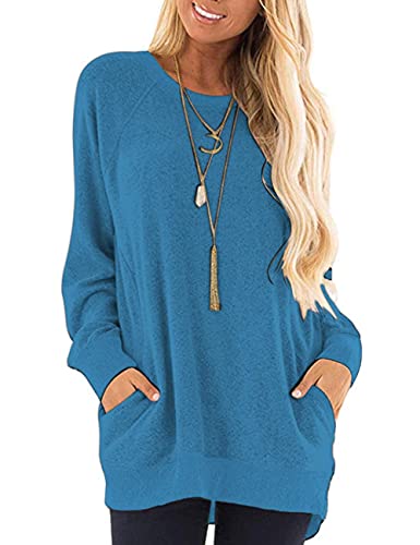 AUSELILY Pullover Damen Herbst Lässige Langärmliges Oberteil Rundhals Leichte Langarmshirt mit Taschen Blau 3XL von AUSELILY