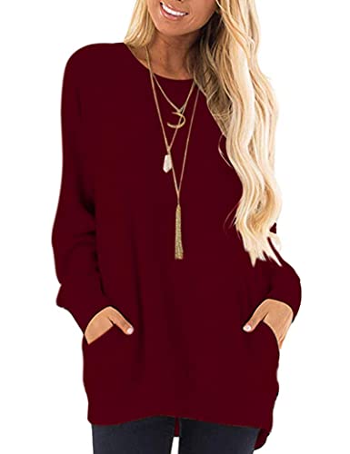 AUSELILY Pullover Damen Herbst Lässige Langärmliges Oberteil Rundhals Leichte Sweatshirts mit Taschen Burgund L von AUSELILY
