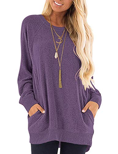 AUSELILY Damen Langarm Tops L?ssige Rundhals T Shirts Blusen Sü?es Sweatshirt mit Taschen Violett L von AUSELILY