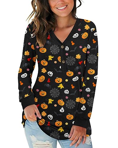 AUSELILY Damen Langarm V-Ausschnitt Knopfoberteile Henley Bluse Kausales Loses T-Shirt(Halloween Kürbis,M) von AUSELILY