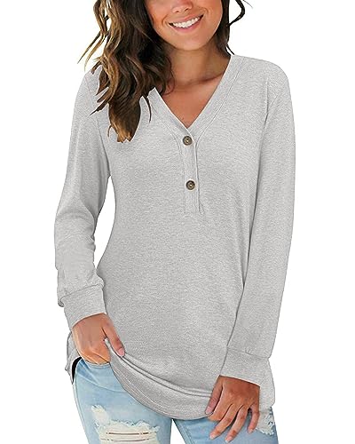 AUSELILY Damen Langarm V-Ausschnitt Knopfoberteile Henley Bluse Kausales Loses T-Shirt(Hellgrau,XL) von AUSELILY