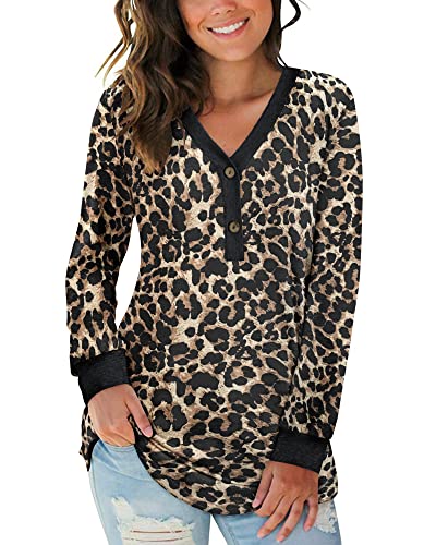 AUSELILY Damen Langarm V-Ausschnitt Knopfoberteile Henley Bluse Kausales Loses T-Shirt(Leopard mit geflecktem Muster,2XL) von AUSELILY