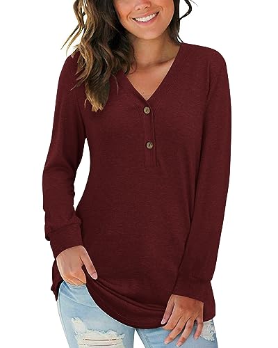 AUSELILY Damen Langarm V-Ausschnitt Knopfoberteile Henley Bluse Kausales Loses T-Shirt(Rot,S) von AUSELILY