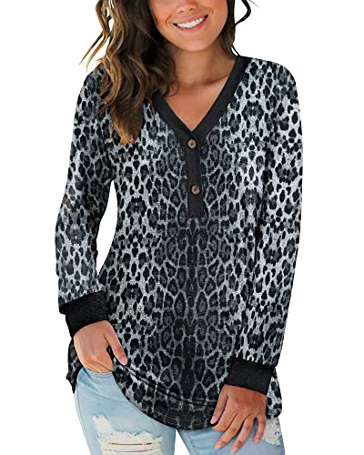 AUSELILY Damen Langarm V-Ausschnitt Knopfoberteile Henley Bluse Kausales Loses T-Shirt(Schneeleoparden-Print,M) von AUSELILY