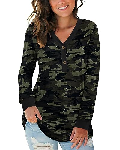 AUSELILY Damen Langarm V-Ausschnitt Knopfoberteile Henley Bluse Kausales Loses T-Shirt(Tarnfarbe,M) von AUSELILY