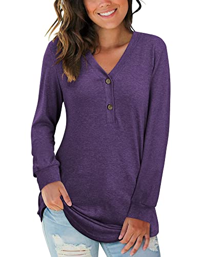 AUSELILY Damen Langarm V-Ausschnitt Knopfoberteile Henley Bluse Kausales Loses T-Shirt(Violett,XL) von AUSELILY