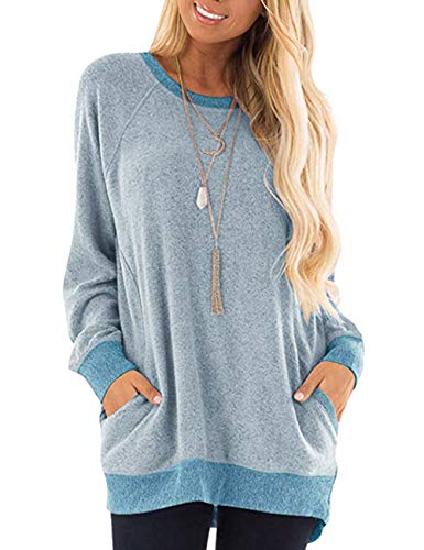 AUSELILY Pullover Damen Herbst Lässige Langärmliges Oberteil Rundhals Leichte Langarmshirt mit Taschen Blaue Nähte M von AUSELILY