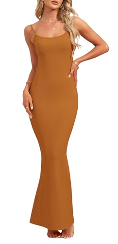 AUSELILY Damen Lounge Slip Langes Kleid Sexy ärmelloses rückenfreies Cocktailkleid Spaghetti Strap Sommerkleid Partykleid Braun L von AUSELILY