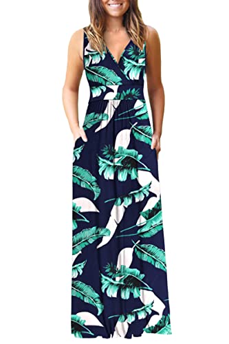 AUSELILY Kleid Lang Elegant ärmellos Maxikleid Damen Sommer tiefem V-Ausschnitt Abendkleid mit Taschen Blau drucken M von AUSELILY