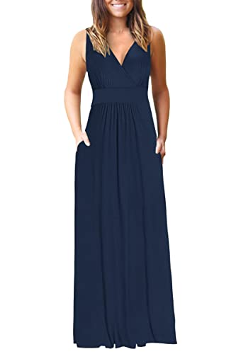 AUSELILY Maxikleid Damen Sommer Ärmellos Kleid Lang Elegant tiefem V-Ausschnitt Abendkleid mit Taschen Navy blau M von AUSELILY