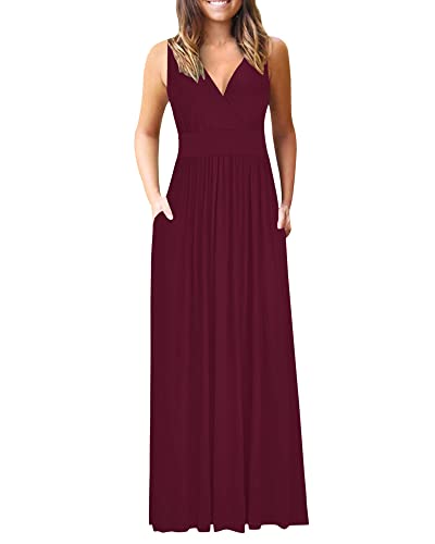 AUSELILY Kleid Damen Lang Elegant Maxikleider Sommer ärmellos tiefem V-Ausschnitt Strandkleid mit Taschen Weinrot S von AUSELILY