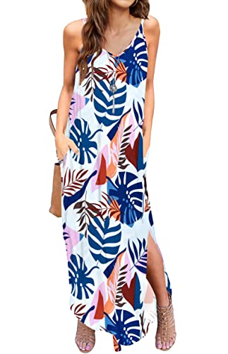 AUSELILY Damen Maxikleid Spaghettiträger Sommerkleid Lang V-Ausschnitt Strandkleid Freizeitkleid Ärmelloses Kleid Maxi mit Taschen Blauer Wegerich 2XL von AUSELILY