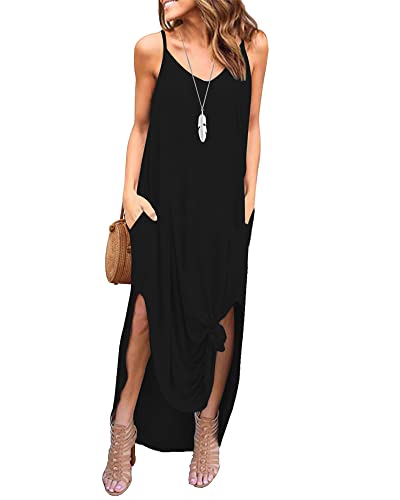 AUSELILY Schwarz Maxikleider Damen Sommer Strandkleid Lang V-Ausschnitt Spaghettiträger Kleid Maxi Sexy Trägerkleid Damen Sommer Lang mit Schlitz L von AUSELILY