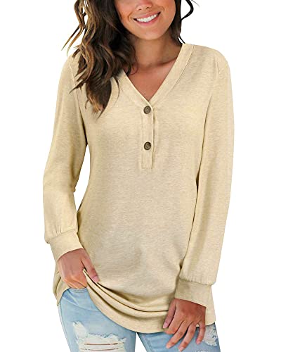 AUSELILY Damen Pullover Langarm V-Ausschnitt Knopf Tunika Oberteile Henley Blusen Kausales Lose T Shirts(Beige,XL) von AUSELILY