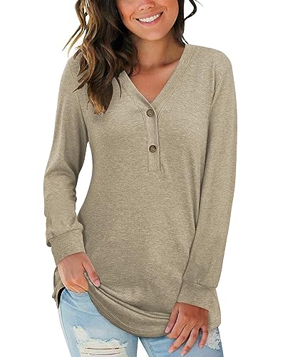 AUSELILY Damen Pullover Langarm V-Ausschnitt Knopf Tunika Oberteile Henley Blusen Kausales Lose T Shirts(Graue Aprikose,XL) von AUSELILY