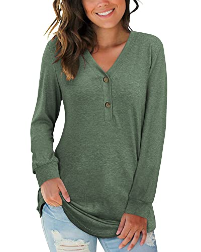 AUSELILY Damen Pullover Langarm V-Ausschnitt Knopf Tunika Oberteile Henley Blusen Kausales Lose T Shirts(Armeegrün,XL) von AUSELILY