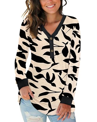 AUSELILY Damen Pullover Langarm V-Ausschnitt Knopf Tunika Oberteile Henley Blusen Kausales Loose T Shirts Aprikosenschwarz Blätter S von AUSELILY