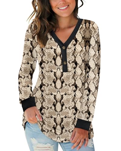 AUSELILY Damen Pullover Langarm V-Ausschnitt Knopf Tunika Oberteile Henley Blusen Kausales Loose T Shirts Braune Struktur L von AUSELILY