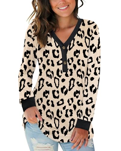 AUSELILY Damen Pullover Langarm V-Ausschnitt Knopf Tunika Oberteile Henley Blusen Kausales Loose T Shirts Leopardenmuster Beige M von AUSELILY