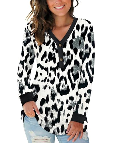 AUSELILY Damen Pullover Langarm V-Ausschnitt Knopf Tunika Oberteile Henley Blusen Kausales Loose T Shirts Leopardenmuster Grau XXL von AUSELILY