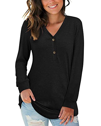 AUSELILY Damen Pullover Langarm V-Ausschnitt Knopf Tunika Oberteile Henley Blusen Kausales Loose T Shirts Schwarz L von AUSELILY