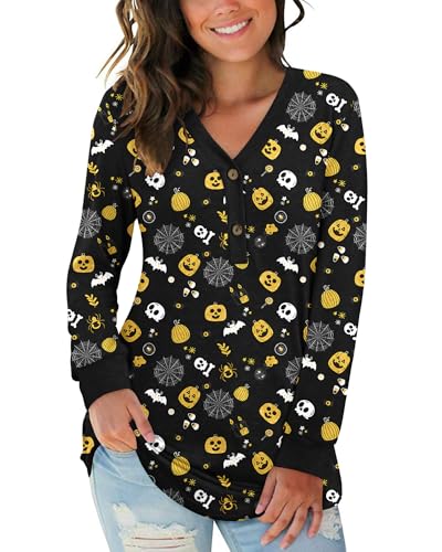 AUSELILY Damen Pullover Langarm V-Ausschnitt Knopf Tunika Oberteile Henley Blusen Kausales Lose T Shirts(Halloween Elemente,M) von AUSELILY