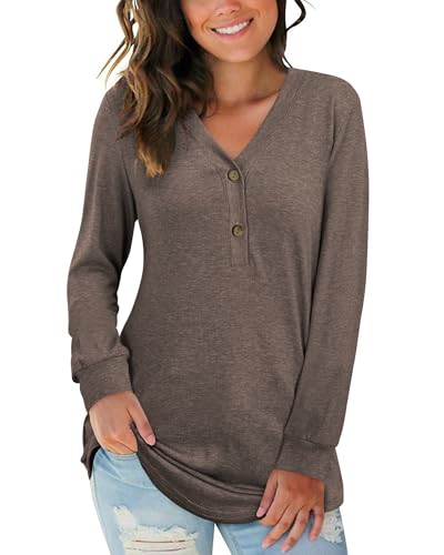 AUSELILY Damen Pullover Langarm V-Ausschnitt Knopf Tunika Oberteile Henley Blusen Kausales Lose T Shirts(Kaffee,M) von AUSELILY