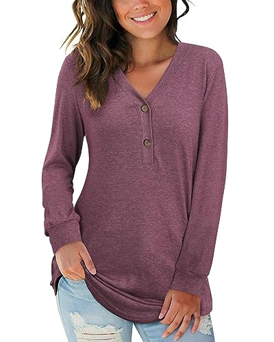 AUSELILY Damen Pullover Langarm V-Ausschnitt Knopf Tunika Oberteile Henley Blusen Kausales Loose T Shirts Mauve L von AUSELILY