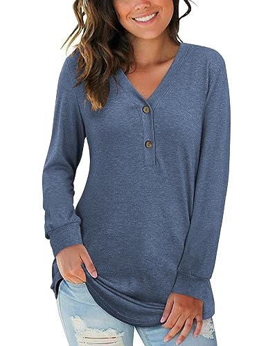 AUSELILY Damen Pullover Langarm V-Ausschnitt Knopf Tunika Oberteile Henley Blusen Kausales Lose T Shirts(Navy Blau,L) von AUSELILY