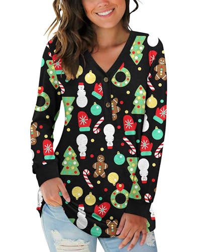 AUSELILY Damen Pullover Langarm V-Ausschnitt Knopf Tunika Oberteile Henley Blusen Kausales Lose T Shirts(Weihnachtsbaum Handschuhe,L) von AUSELILY