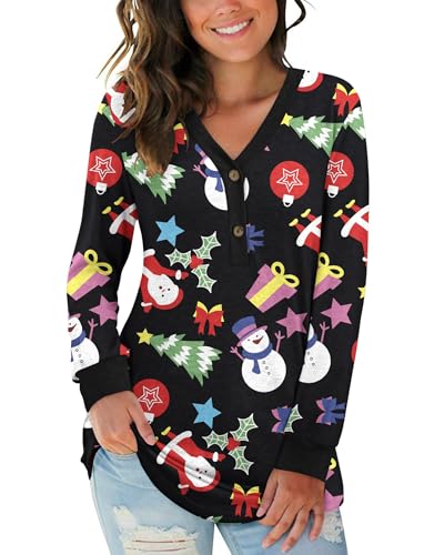 AUSELILY Damen Pullover Langarm V-Ausschnitt Knopf Tunika Oberteile Henley Blusen Kausales Lose T Shirts(Weihnachtsschneemann,L) von AUSELILY