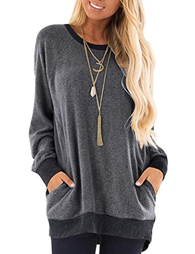 AUSELILY Damen Pullover Rundhals Langarmshirts Lässige Oberteile Damen Herbst mit Taschen Schwarz grau S von AUSELILY