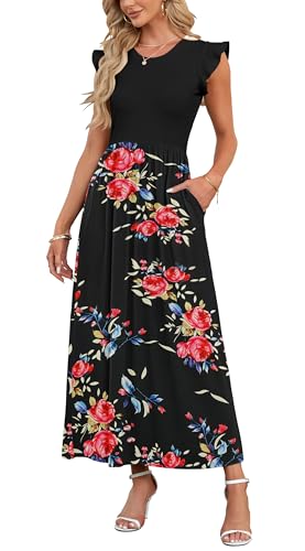 AUSELILY Damen Rüschen Kurzarm Loose Hohe Taille Maxi Kleider mit Taschen Rundhalsausschnitt Eleganter Abendkleider (Rose Schwarz,XL) von AUSELILY