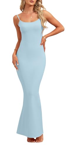 AUSELILY Damen Sexy Bodycon Kleid Elegantes ärmelloses Geripptes Figurbetontes Partykleid Spaghetti Strap Maxikleid Cocktailkleid Himmelblau L von AUSELILY