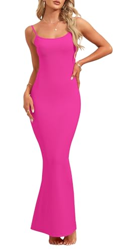 AUSELILY Damen Sexy Bodycon Kleid Elegantes ärmelloses Geripptes Figurbetontes Partykleid Spaghetti Strap Maxikleid Cocktailkleid Rosenrot M von AUSELILY