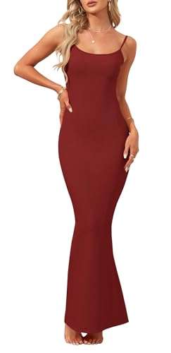 AUSELILY Damen Sexy Bodycon Kleid Elegantes ärmelloses Geripptes Figurbetontes Partykleid Spaghetti Strap Maxikleid Cocktailkleid Weinrot M von AUSELILY