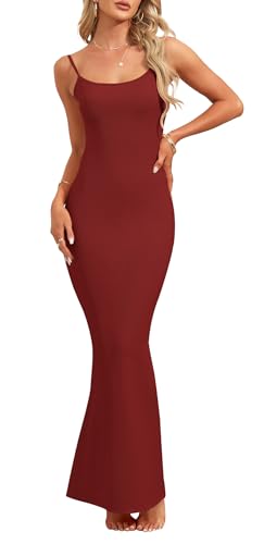 AUSELILY Damen Sexy Bodycon Kleid Elegantes ärmelloses Geripptes Figurbetontes Partykleid Spaghetti Strap Maxikleid Cocktailkleid Weinrot S von AUSELILY