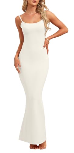 AUSELILY Damen Sexy Bodycon Kleid Elegantes ärmelloses Geripptes Figurbetontes Partykleid Spaghetti Strap Maxikleid Cocktailkleid Weiß L von AUSELILY