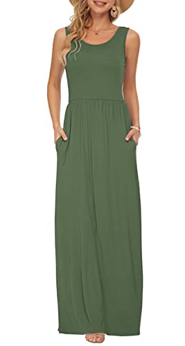 AUSELILY Damen Sommer Ärmelloses, lockeres Maxikleid Lässiges, langes Kleid mit Taschen(L,Armeegrün) von AUSELILY