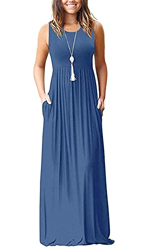 AUSELILY Damen Sommer Ärmelloses, lockeres Maxikleid Lässiges, langes Kleid mit Taschen(L,Beja Blue) von AUSELILY