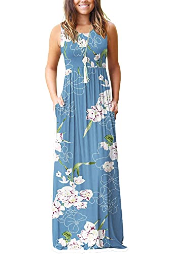 AUSELILY Damen Sommer Ärmelloses, lockeres Maxikleid Lässiges, langes Kleid mit Taschen(L,Blumen Hellblau) von AUSELILY