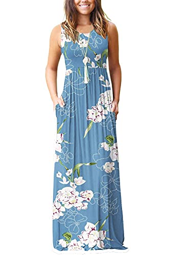 AUSELILY Damen Sommer Ärmelloses, lockeres Maxikleid Lässiges, langes Kleid mit Taschen(M,Blumen Hellblau) von AUSELILY