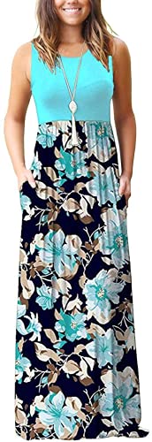 AUSELILY Damen Sommer Ärmelloses, lockeres Maxikleid Lässiges, langes Kleid mit Taschen(S,Hellblaue Grüne Blume) von AUSELILY