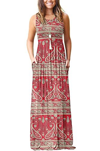 AUSELILY Damen Sommer Ärmelloses, lockeres Maxikleid Lässiges, langes Kleid mit Taschen(L,Boho Floral Red) von AUSELILY