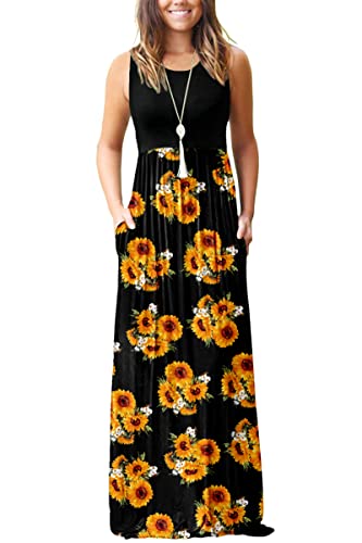 AUSELILY Damen Sommer Ärmelloses, lockeres Maxikleid Lässiges, langes Kleid mit Taschen(L,Schwarze Sonnenblumen) von AUSELILY